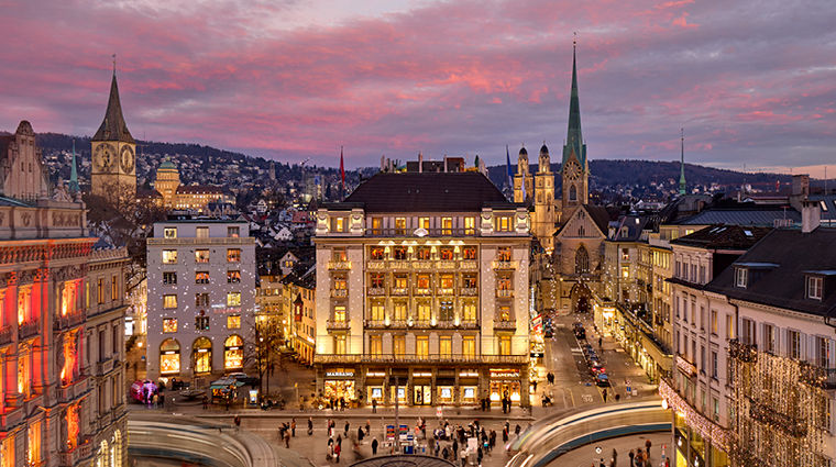 Mandarin Oriental Savoy facade in central Zurich at dusk